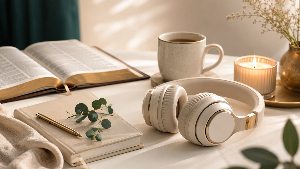 Peaceful listening space with Bible, journal, headphones, candle, and coffee
